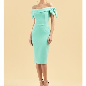 The Pretty Dress teal Tilly Dress.  Midi length, perfect for weddings